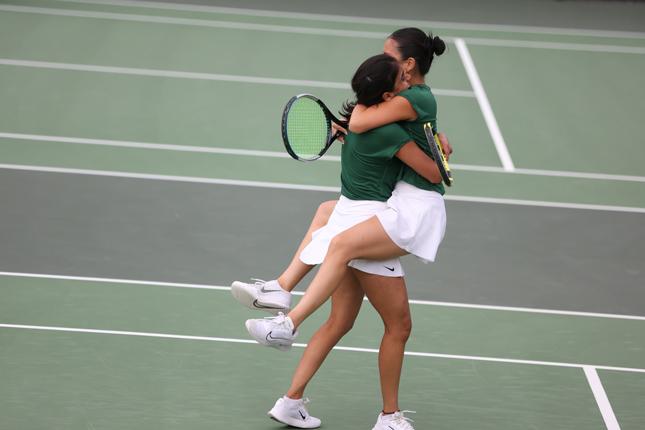 Grace Truong ’25 and Konika Dhull ’25 celebrate a win