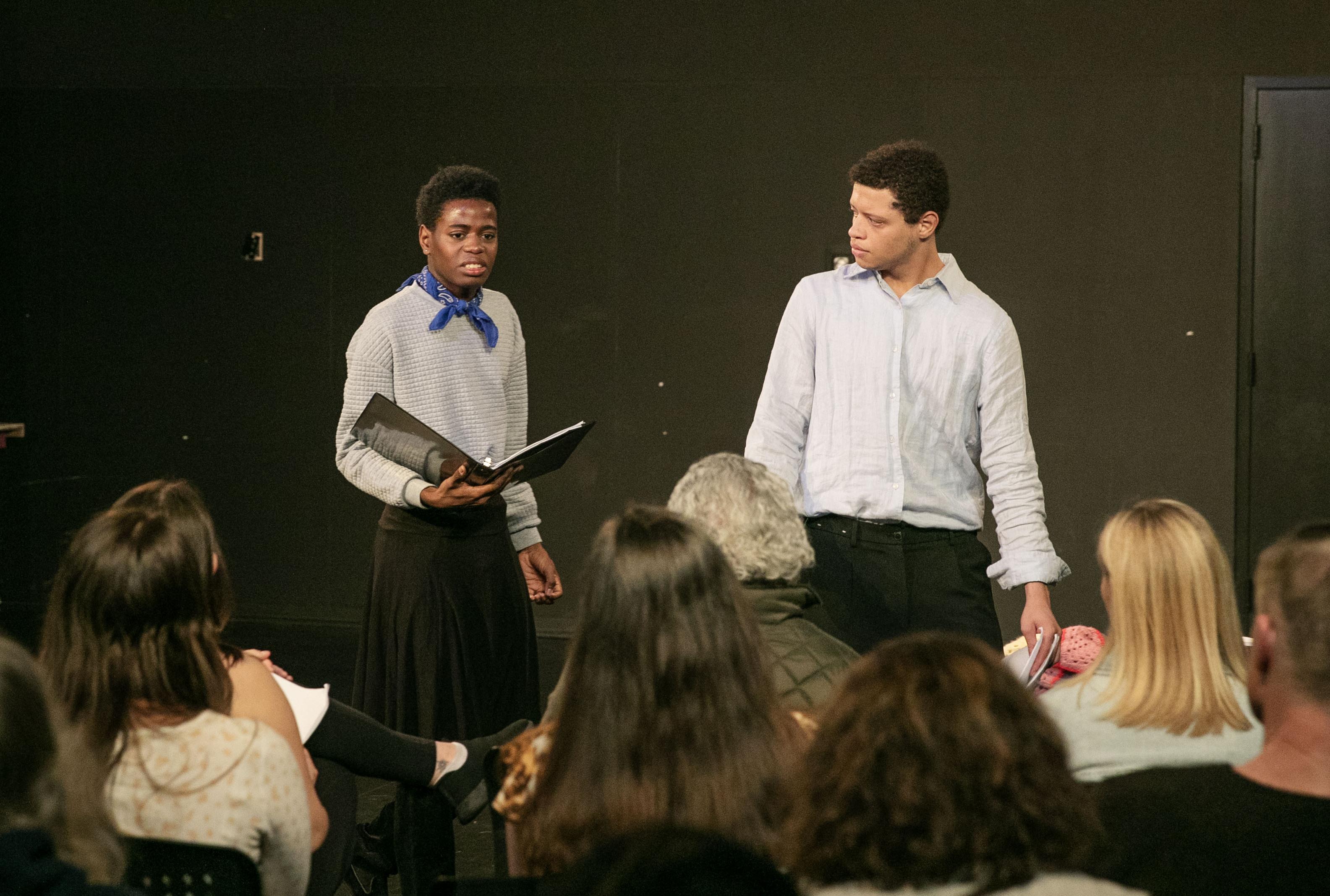 Wesley Almanzar ’27 and Davin Arzu ’27 perform a translation of a play as part of Academic Festival session for the Theater Department, one of many distinct ways that Skidmore students from many disciplines participate in academic festival each year.  