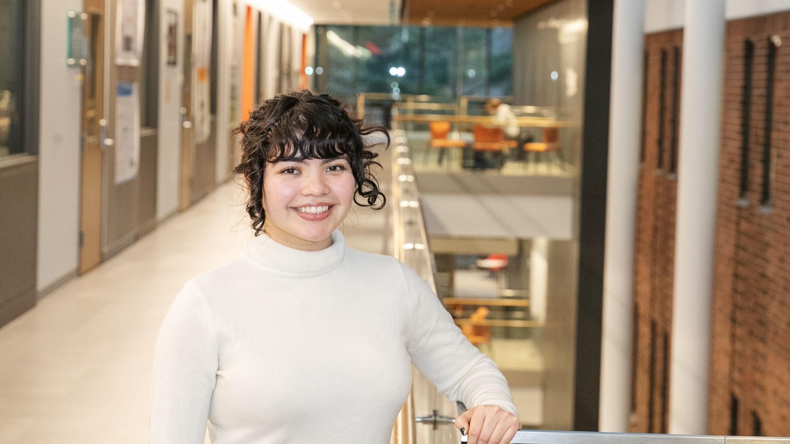 Lizbeth Mendoza '25 poses in the Billie Tisch Center for Integrated Sciences